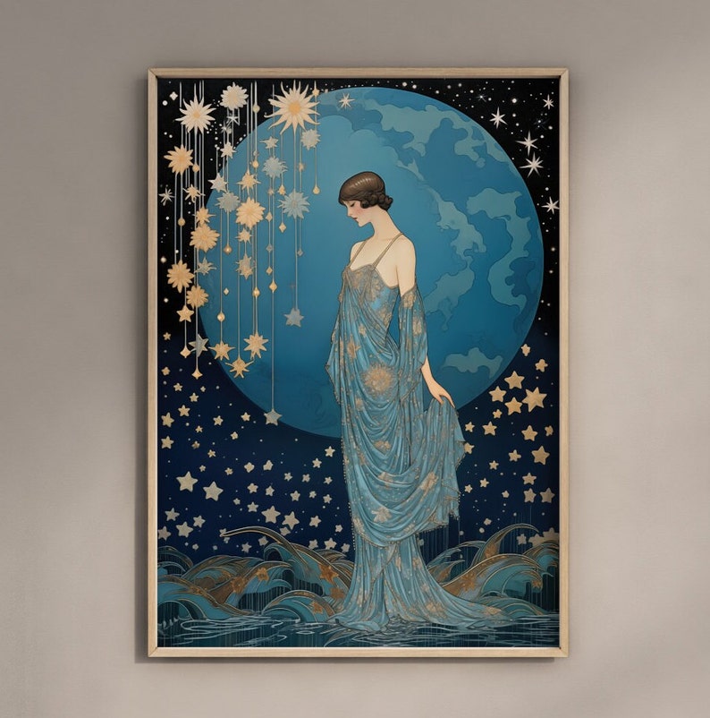 May include: A woman in a blue gown stands on a wave with a blue globe behind her. The globe is surrounded by gold stars and a string of gold stars hangs from the top of the image.