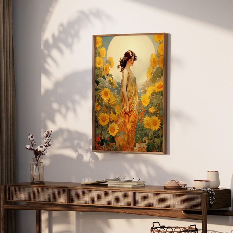 May include: A vintage art print featuring a woman in a yellow dress standing in a field of sunflowers. The woman is looking down and the sunflowers are in full bloom.