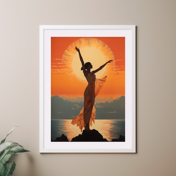 Art Deco Art Nouveau Print, Girl Sea and Sunset 1920s Wall Art, Poster Print Orange and Black Vintage Style Home Decor Roaring Twenties