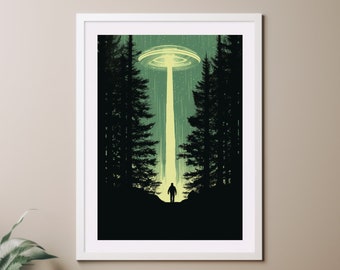 Close Encounter, UFO Art Print, UFO over Forest, Flying Saucer Poster print, UAP Wall Art