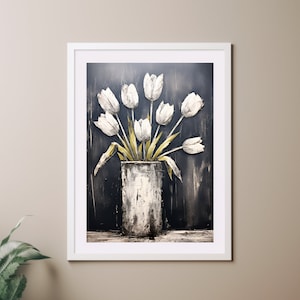 Impresión de arte de tulipanes en jarrón, arte de pared de decoración del hogar de estilo rústico blanco y gris atrevido, impresión de póster de pintura de flores de tulipán blanco