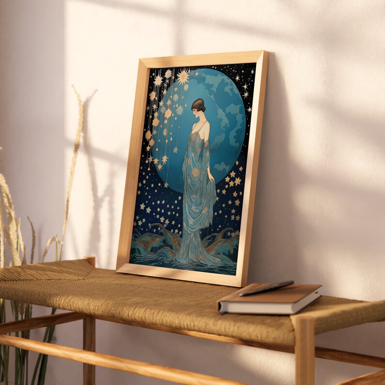 May include: A framed illustration of a woman in a blue gown standing in front of a blue globe with gold stars. The globe is surrounded by a dark blue background with gold stars.
