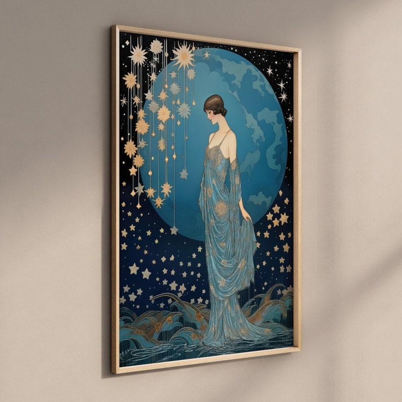 May include: A woman in a blue gown stands in front of a large blue orb with gold stars and a crescent moon. The background is a dark blue with gold stars.