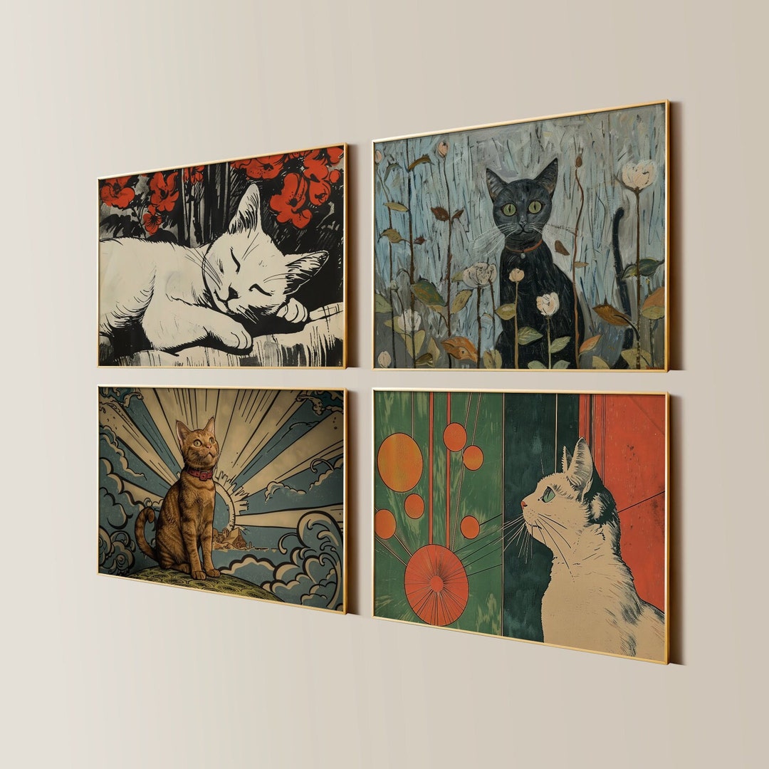 Cats - Mixed Styles, Eclectic Gallery Wall Pack of Four Real Prints ...