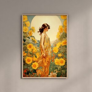 May include: A woman in a yellow dress stands in a field of sunflowers. The sunflowers are in full bloom and the woman is looking down at the flowers. The background is a soft blue sky with a bright sun shining.