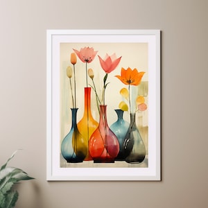 Impresión de arte boho moderno de mediados de siglo de vidrio coloreado, pintura de acuarela flores en jarrones arte de pared