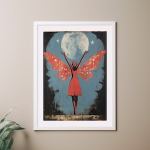 Hada y la Luna, arte de pared rústico vintage con impresión en tiza y xilografía, impresión de póster
