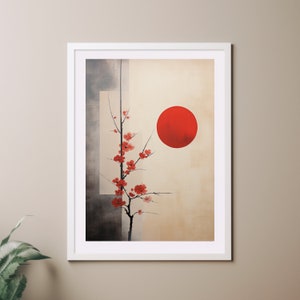 Japanese Wall Art Print, Japandi Décor, Minimalist Wall Art, Red Sun, Cherry Blossom, Abstract, Beige Neutral colours design