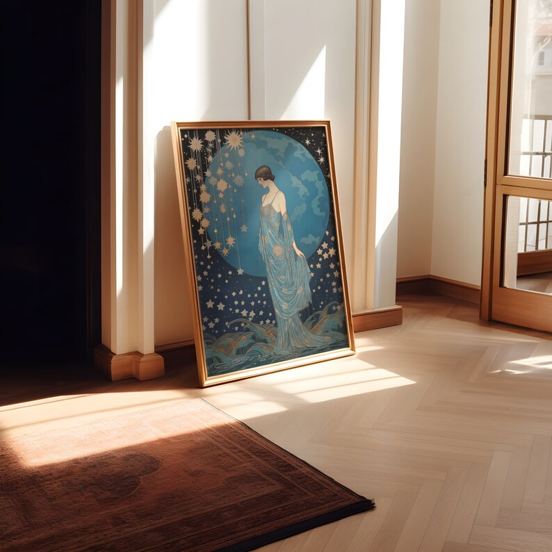 May include: A framed illustration of a woman in a flowing blue gown standing in front of a large blue moon with stars in the background.
