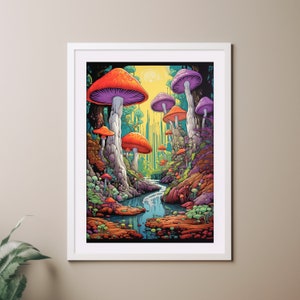 Magical Mushroom Valley, Trippy Hippy Psychedelic Unusual Poster print, Wall Art 60s 70s style