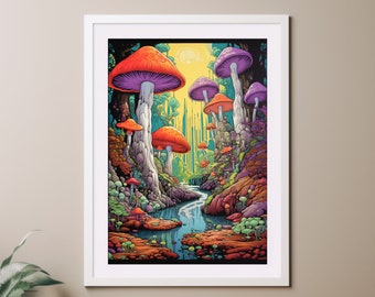 Magical Mushroom Valley, Trippy Hippy Psychedelic Unusual Poster print, Wall Art 60s 70s style