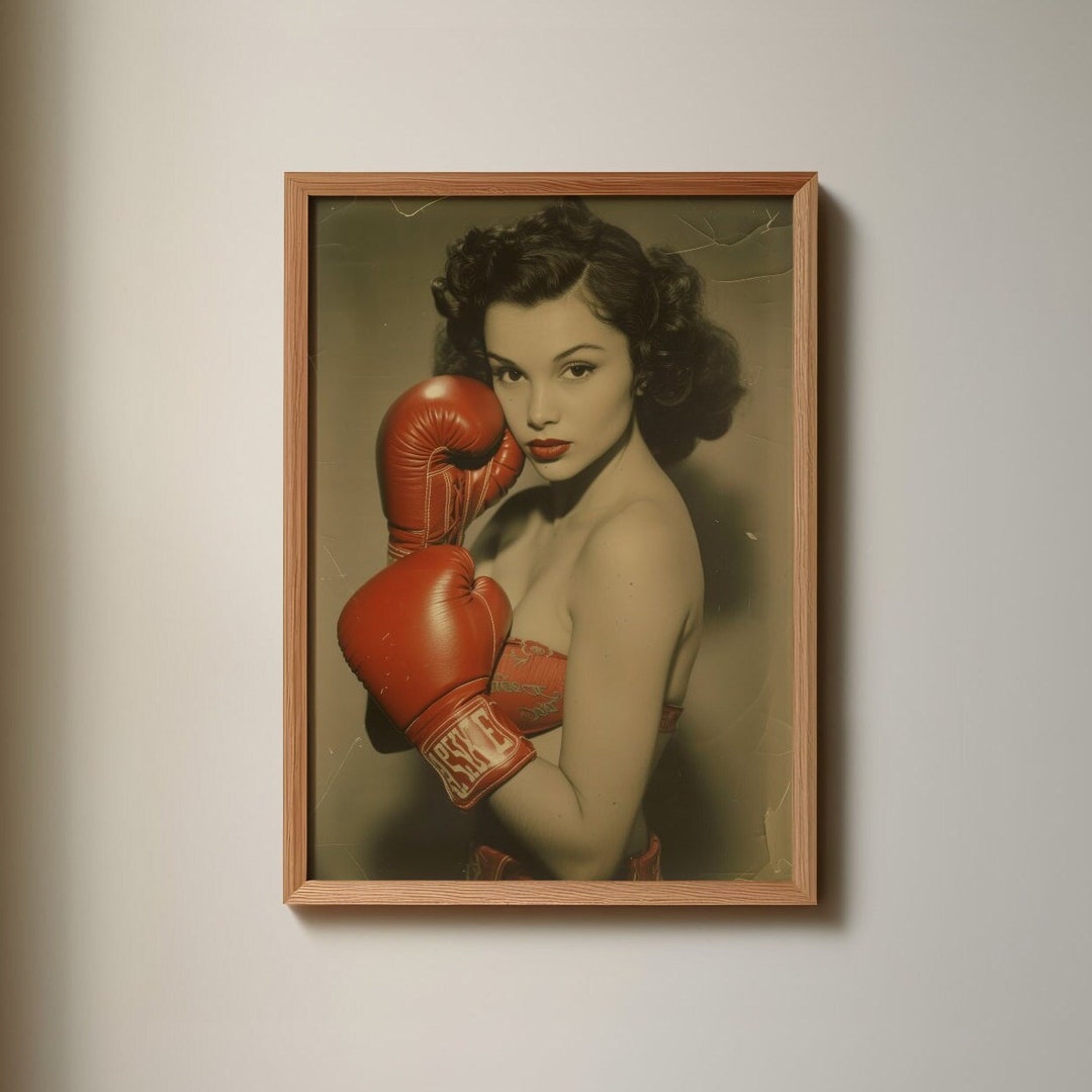 Boxing Pin Up Lady Boxer, 1940s Retro Pinup Vintage Style Sepia Wall Art Boxing ...