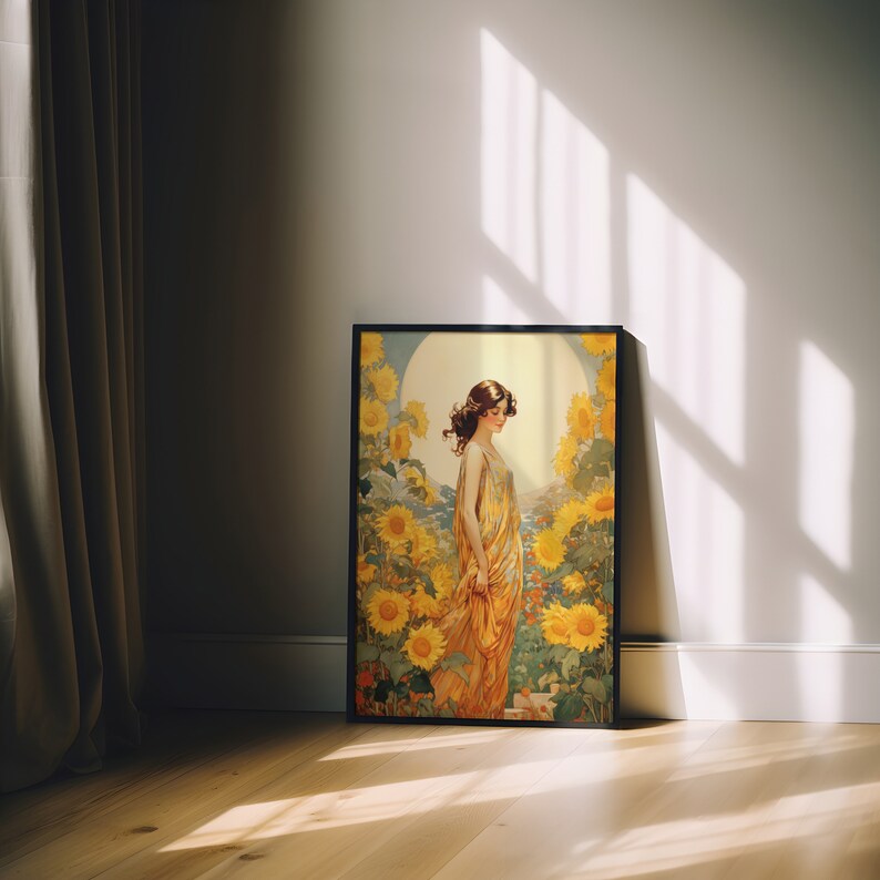 May include: A framed vintage art print featuring a woman in a yellow dress standing in a field of sunflowers. The print has a soft, romantic feel and is perfect for adding a touch of vintage charm to any room.