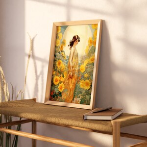 May include: A framed print of a woman in a yellow dress standing in a field of sunflowers. The woman is looking down at the flowers. The background is a light blue sky with a white sun.