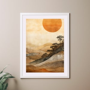 Gebrannte orange Sonne, Japandi Wabi Sabi Berglandschaft Neutrale Wandkunst, Terrakottafarben Posterdruck, beruhigende Beige Wohnkultur