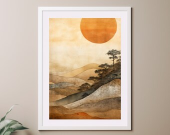 バーントオレンジの太陽、ジャパニーズ・ワビサビの山の風景を描いたニュートラルなウォールアート、テラコッタカラーのポスタープリント、落ち着いたベージュのホームデコレーション