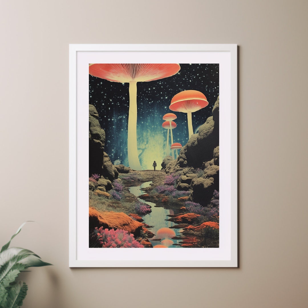 Surreal Vintage Collage Art Print, Magic Mushrooms in Space, Wall Art ...