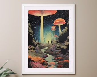 Surreal Vintage Collage Art Print, Magic Mushrooms In Space, Wall Art Retro Poster Print