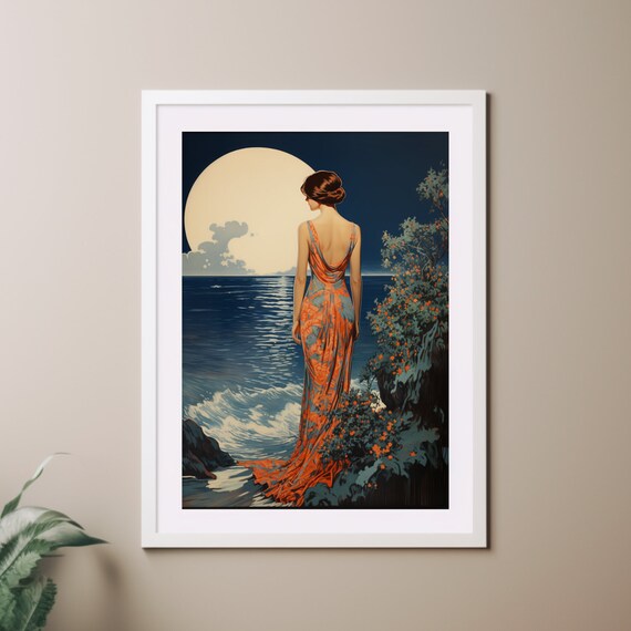 Art Deco Art Nouveau Print, Girl Moon and sea 1920s Wall Art, Moon Poster Orange and Black Vintage Style Home Decor Roaring Twenties