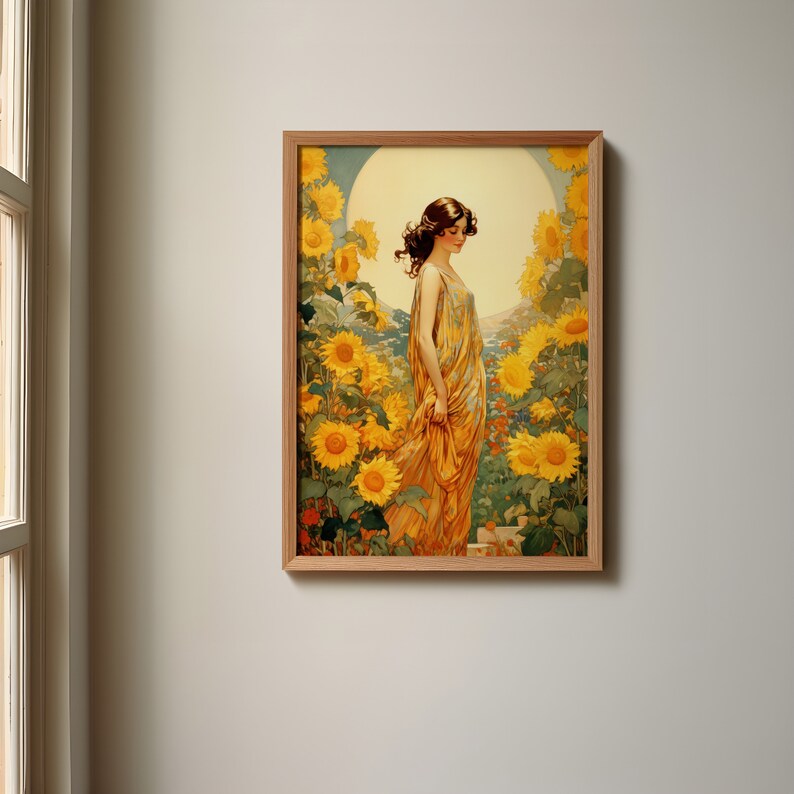 May include: A framed painting of a woman in a yellow dress standing in a field of sunflowers. The woman is looking down and her hair is flowing in the wind. The sunflowers are in full bloom and the background is a bright blue sky.