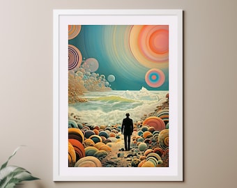 Surreal Grainy Vintage Collage Art Print, Alien At The Beach, Colourful Unusual Poster print, Wall Art