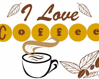 I Love Coffee – Afdrukbare koffiekunst met bonen, bladeren en stoombeker