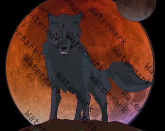 Detail Wolf op de bergtop met 2 manen op de achtergrond