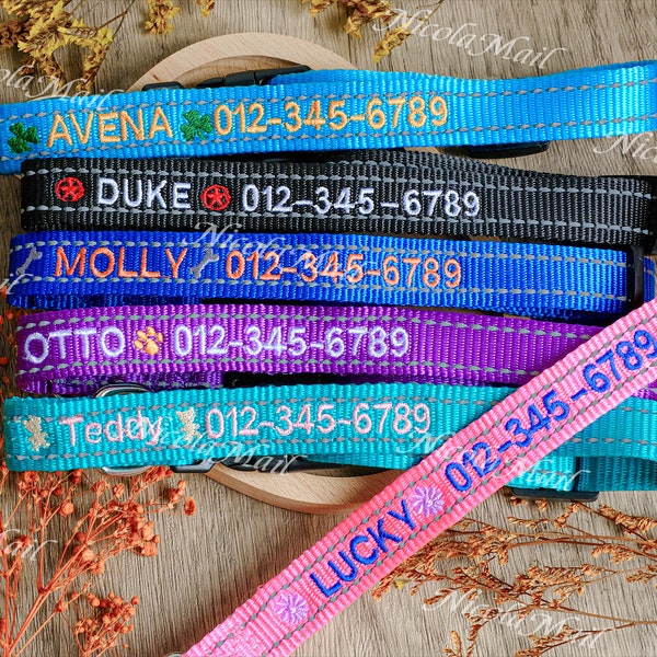 Handcrafted Personalized Dog Collar , Customized ID Tag and Phone Number, Embroidered in Various Sizes