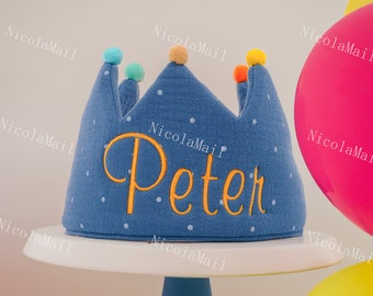 Indispensabile per la celebrazione del compleanno: corona per bambini in tessuto di cotone giallo senape e blu per costume da festa per bambini