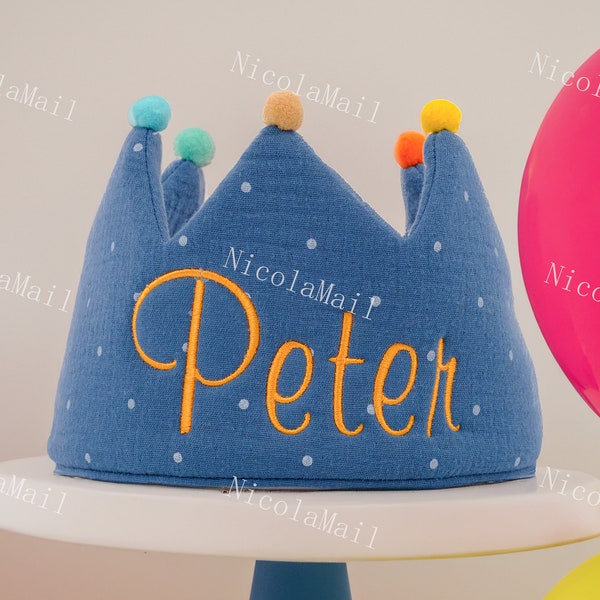 Birthday Celebration Essential: Kids’ Mustard Yellow and Blue Cotton Fabric Crown for Children’s Party Costume