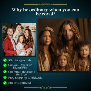 Retrato personalizado de casal real a partir de imagem, retrato personalizado de família real, presente de aniversário, rei real, rainha e famílias