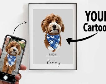 May include: A framed cartoon portrait of a dog with brown fur and a blue bandana. The artwork is on a light gray background, with the dog's name and date below. The words "YOUR Cartoon" are written in black.