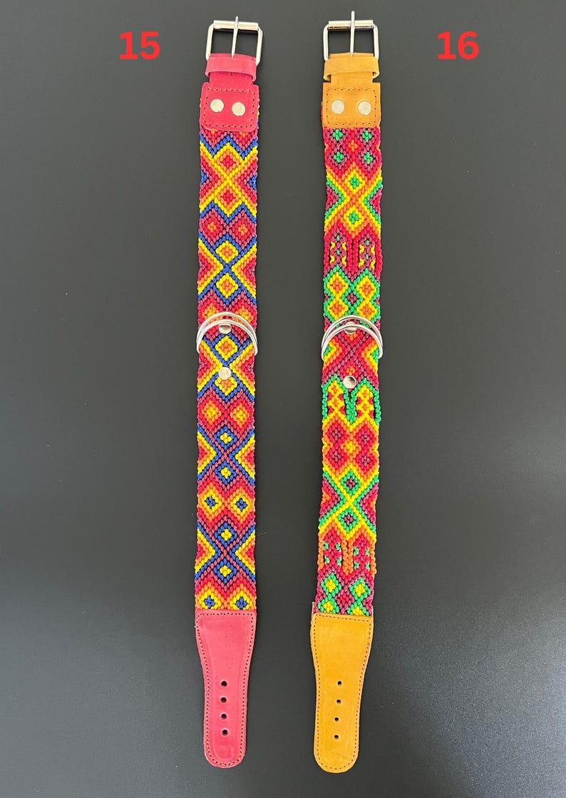 May include: Two colorful dog collars with intricate woven patterns. One collar is red with a red leather backing, and the other is yellow with a yellow leather backing. Both have silver metal hardware.