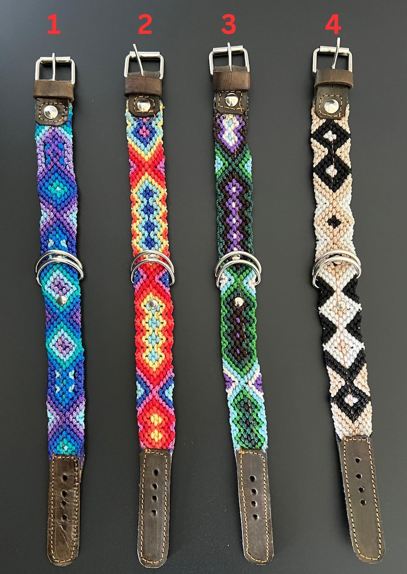 May include: Four colorful dog collars with macrame designs. Each collar features a different pattern and color scheme, including blue, red, green, and black. The collars have brown leather straps and silver metal hardware.