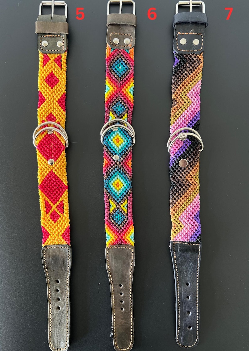 May include: Three colorful dog collars with woven patterns. The collars feature leather accents, metal hardware, and vibrant geometric designs in red, yellow, blue, and purple. Each collar has a metal D-ring for leash attachment.