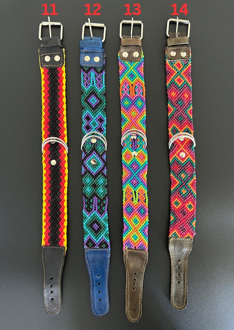 May include: Four colorful dog collars with woven designs. Each collar features a different pattern and color scheme, including red, black, yellow, blue, green, purple, orange, and pink. The collars have metal buckles and leather accents.