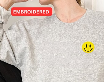 Embroidered Smiley Face Sweatshirt, Embroidery Smiley Emoji Sweater, Converse Smiley face, Embroidery Sweater for Wife, Embroidery Smiley