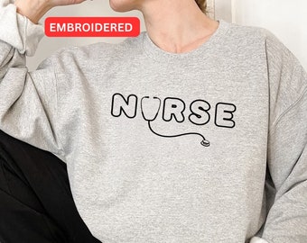 Embroidered Nurse Stethoscope Sweatshirt, Embroidery Nurse Shirt, Women's Nursing Gift, Nurse Graduation Gift, Registered Nurse Shirt.