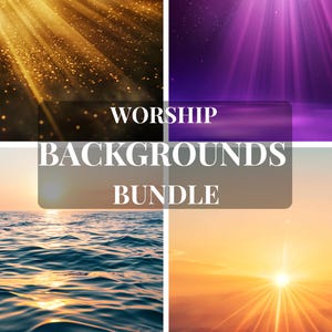 Può includere: Un pacchetto di quattro sfondi digitali. Le immagini includono un'esplosione di luce dorata, raggi di luce viola, onde oceaniche al tramonto e un'alba luminosa. Il testo "WORSHIP BACKGROUNDS BUNDLE" è sovrapposto alle immagini.