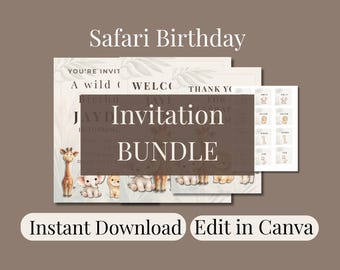Safari Boho Birthday Invitation Bundle, Editable Canva Template (Digital Download)