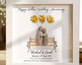 Marco de guijarros personalizado para aniversario de bodas de oro, 50 años de casados, celebrando 50 años juntos, regalo para abuelos, regalos de boda,