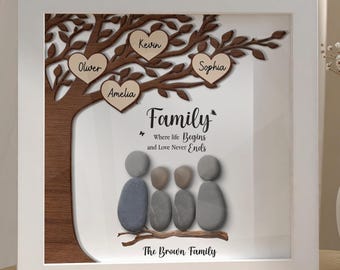Arte familiar con piedras y árbol, retrato familiar personalizado con piedras, regalo familiar para mamá, padres, Día de la Madre 2026, recuerdo de aniversario de los padres