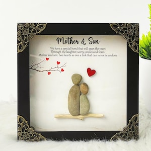 Personalized Mother and Son Pebble Art Frame: Unique Keepsake Gift, gift for mom from son wedding day mom of son, Mother's day unique gift image 1