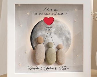 Marco de fotos personalizado para papá con la frase "Papá, te quiero hasta la luna", regalo de los hijos para papá, obra de arte con piedras, cuadro de piedras para el Día del Padre, regalo de cumpleaños.