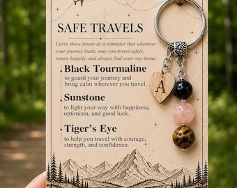 Personalized Safe Travel Crystal Keyring Gift,Natural Gemstone Keychain,Initial Charm,Black Tourrmaline,Tiger Eye,Amethyst,Safe Journey Gift