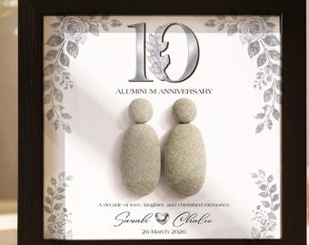 Marco de fotos personalizado para el décimo aniversario con diseño de guijarros, regalo de boda de aluminio, décimo aniversario, regalo de décimo aniversario de bodas para esposa, esposo, recuerdo único.