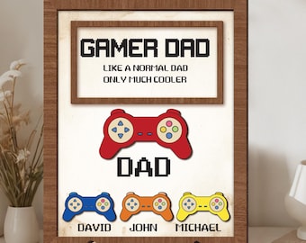 Personalized Dad Gamer Wood Frame: Custom Kids' Names Plaque