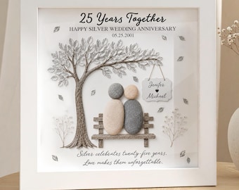 Personalized Valentine Silver Wedding Anniversary, Pebble Art frame, 25th Anniversary Gift for Parents, gift for him her, Wedding Gifts