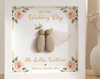 Personalized Wedding Pebble Picture Frame,Wedding Anniversary Pebble Art,Mr&Mrs Pebble Frame,The Day We Got Married,Unique Newlywed Gift