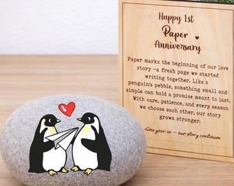 Piedra de papel con forma de pingüino para aniversario de bodas para parejas, primer aniversario de bodas para marido y mujer, aniversario de bodas, casados en 2025, primer año de boda
